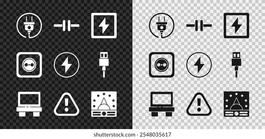 Conjunto Enchufe eléctrico, esquema de circuito, perno de relámpago, fusible, triángulo de signo de exclamación, amperio, multímetro, voltímetro, toma de corriente eléctrica e icono. Vector