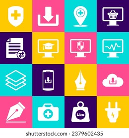 Set Electric plug, Cloud download, Monitor with cardiogram, Medical location cross, graduation cap and Transfer files icon. Vector
