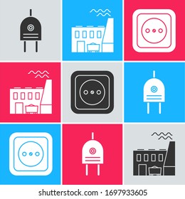 Set Electric plug, Coal power plant and factory and Electrical outlet icon. Vector