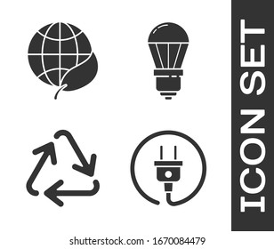 Ajuste el enchufe eléctrico, el globo terrestre y la hoja, el símbolo de reciclaje y el icono de la bombilla LED. Vector