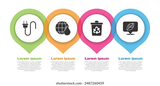 Set Electric plug, Earth planet in water drop, Recycle bin with recycle and Location with leaf. Business infographic template. Vector