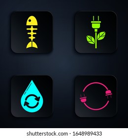 Set Electric plug, Fish skeleton, Recycle clean aqua and Electric saving plug in leaf. Black square button. Vector