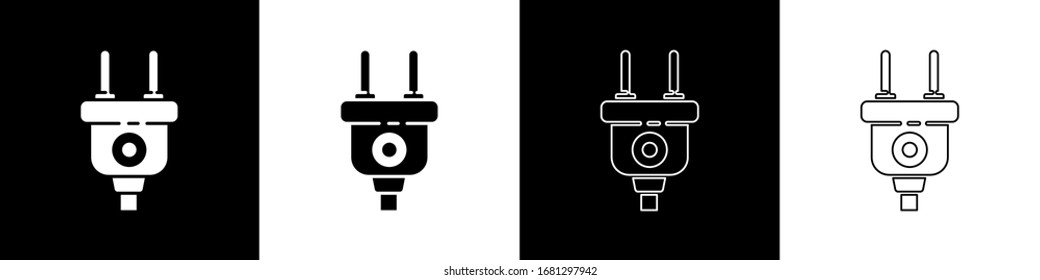 Set Electric plug icon einzeln auf schwarz-weißem Hintergrund. Konzept des Anschlusses und des Abbaus des Stroms. Vektorillustration-Illustration