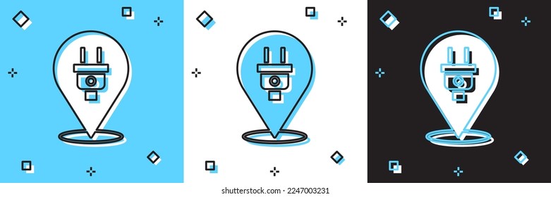 Ajuste el icono de enchufe eléctrico aislado en fondo azul y blanco, negro. Concepto de conexión y desconexión de la electricidad.  Vector