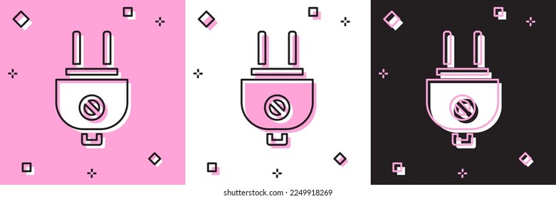 Set Electric plug icon isolated on pink and white, black background. Concept of connection and disconnection of the electricity.  Vector