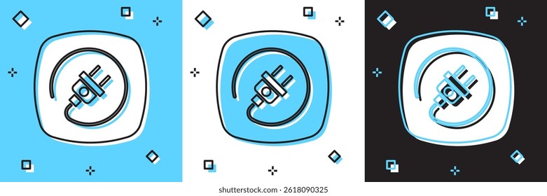 Set Electric plug icon isolated on blue and white, black background. Concept of connection and disconnection of the electricity.  Vector