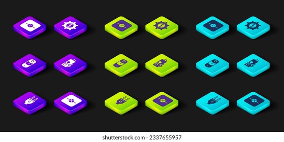 Set Electric plug, Lamp in electronic circuit, Battery charge, Gear and lightning and Voltmeter icon. Vector