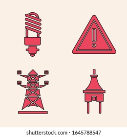 Set Electric plug, LED light bulb, Exclamation mark in triangle and High voltage power pole line icon. Vector