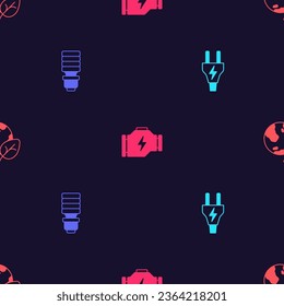 Set Electric plug, LED light bulb, Check engine and Earth globe and leaf on seamless pattern. Vector