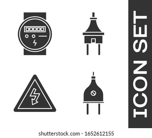 Set Electric plug, Electric meter, High voltage sign and Electric plug icon. Vector