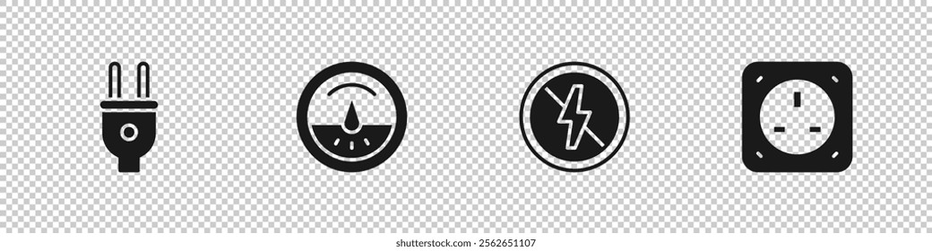 Set Electric plug, meter, No lightning and Electrical outlet icon. Vector