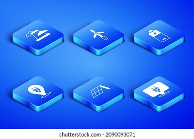 Set Electric plug, Nuclear power plant, Solar energy panel, Wind turbine and Battery icon. Vector