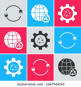 Set Electric plug, Planet earth and a recycling and Recycle symbol and gear icon. Vector