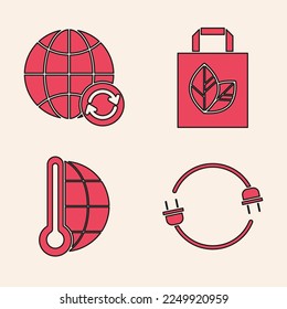 Set Electric plug, Planet earth and a recycling, Paper shopping bag with recycle and Meteorology thermometer measuring icon. Vector
