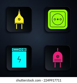 Set Electric plug, Electric plug, Power bank and Electrical outlet. Black square button. Vector