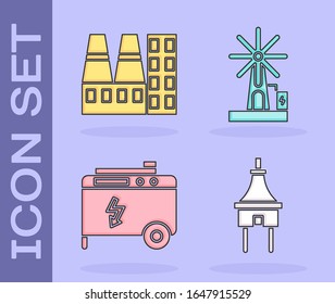Set Electric plug, Power station plant and factory, Portable power electric generator and Wind turbine icon. Vector