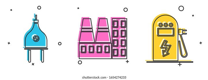 Set Elektrische Stecker, Kraftwerk und Fabrik-und Elektro-Autos Ladestation Symbol. Vektorillustration
