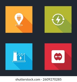 Set Electric plug, Recharging, Nuclear power plant and Electrical outlet icon. Vector