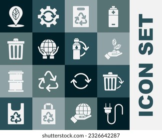 Set Electric plug, Recycle bin with recycle, Plant hand, Paper bag, Hands holding Earth globe, Trash can, Location leaf and Recycling plastic bottle icon. Vector