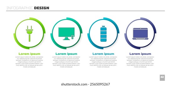 Set Electric plug, Smart Tv, Battery charge level indicator and Laptop. Business infographic template. Vector