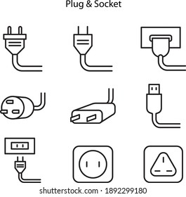 set of Electric plug and socket disconnect. Concept of 404 error connection. Electric plug and outlet socket unplugged flat icon for page. Circuit of plug connect off, cable of energy disconnect.