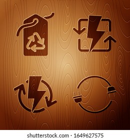 Set Electric plug, Tag with recycle symbol, Recharging and Recharging on wooden background. Vector