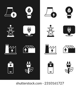 Set Electric plug, tower, Nuclear power plant, Light bulb with leaf, Solar energy panel, saving in and Battery icon. Vector