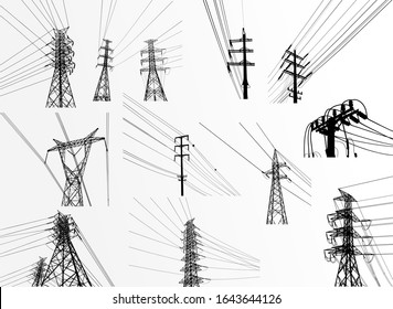 Set Electric pole. High Voltage transmission systems. A network of interconnected electrical in all areas. Symbols, steps business planning Suit. presentation, and advertisement. Vector illustration. 