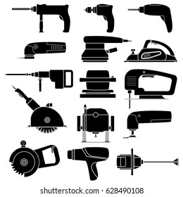 Set electric power tools. Black silhouettes icons of various power tools for carpentry and construction work with transparent elements. Vector isolated illustrations. Including a hammer, saw, drill.