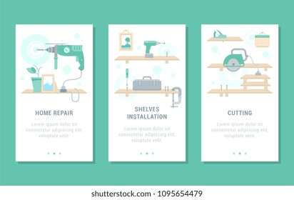 Set of electric power tools cards. Vector illustrations for web pages and applications. 