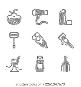 Set Electric razor blade, Bottle of shampoo, Barrette, Electrical hair clipper, Barbershop chair, Shaving, gel foam and Washbasin icon. Vector