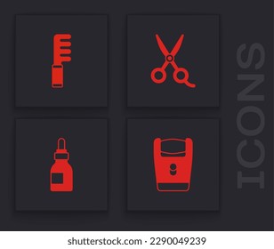 Set Electric razor blade, Hairbrush, Scissors hairdresser and Oil bottle icon. Vector