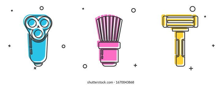 Elektrische Rasierklinge für Männer, Shave-Bürste und Rasiermesser-Ikone. Vektorillustration
