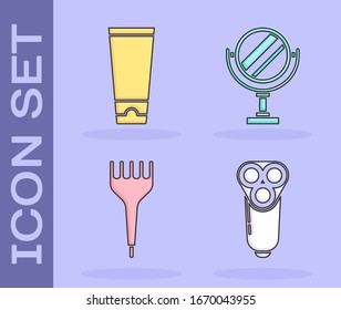 Set Electric razor blade for men, Cream or lotion cosmetic tube, Hairbrush and Round makeup mirror icon. Vector