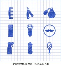 Set Electric razor blade for men, Classic Barber shop pole, Hand mirror, Mustache, Hairdresser pistol spray bottle, Shaving gel foam, Aftershave with atomizer and Hairbrush icon. Vector