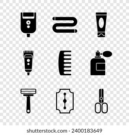 Set Electric razor blade for men, Towel, Cream lotion cosmetic tube, Sraser, Blade, Scissors coiffeur, Electrical clipper shaver et icône Hairbrush. Image vectorielle