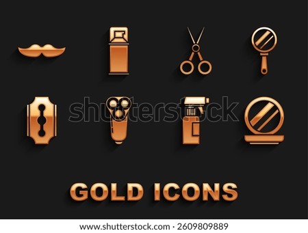 Set Electric razor blade for men, Hand mirror, Makeup powder with, Hairdresser pistol spray bottle, Blade, Scissors hairdresser, Mustache and Shaving gel foam icon. Vector