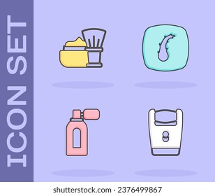 Fijar cuchilla de afeitar eléctrica, cepillo de afeitar con espuma, atomizador de afeitar e icono del folículo de cabello humano. Vector