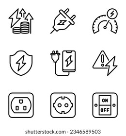 set of electric related vector line icons. shock, increase, efficiency, lightning, recycle, flash, price, protect, stroke, thunder, eco, outline, electrician, fast, shield, warning, cost