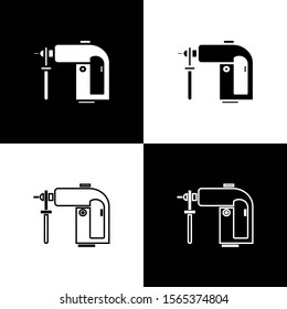 Set Electric rotary hammer drill machine icon isolated on black and white background. Working tool for construction, finishing, repair work.  Vector Illustration
