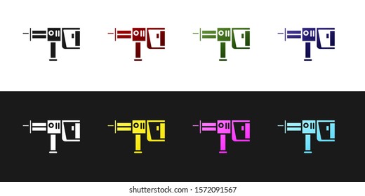 Set Electric rotary hammer drill machine icon isolated on black and white background. Working tool for construction, finishing, repair work.  Vector Illustration