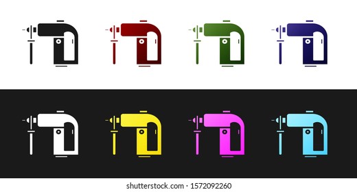 Set Electric rotary hammer drill machine icon isolated on black and white background. Working tool for construction, finishing, repair work.  Vector Illustration