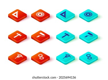 Set Electric rotary hammer drill, Hexagonal metal nut, Hammer, Paint roller brush, Circular saw blade and Triangular ruler icon. Vector