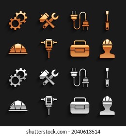 Set Electric rotary hammer drill, Screwdriver, Worker safety helmet, Toolbox, plug, Gear and Hammer and wrench spanner icon. Vector