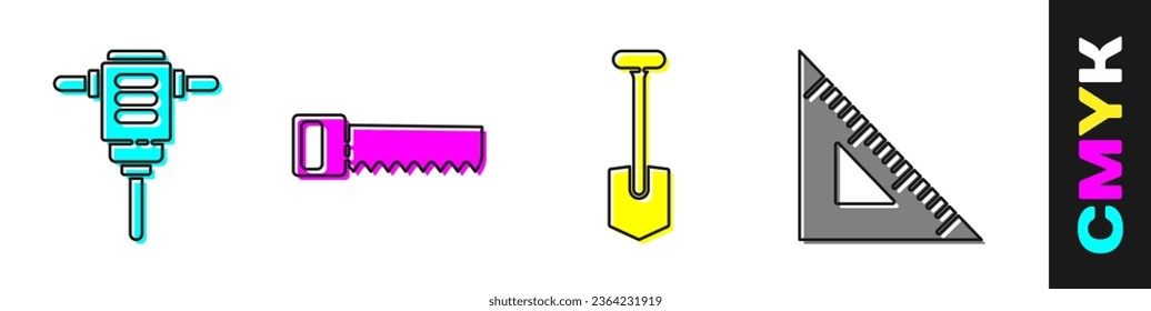 Set Electric rotary hammer drill, Hand saw, Shovel and Triangular ruler icon. Vector