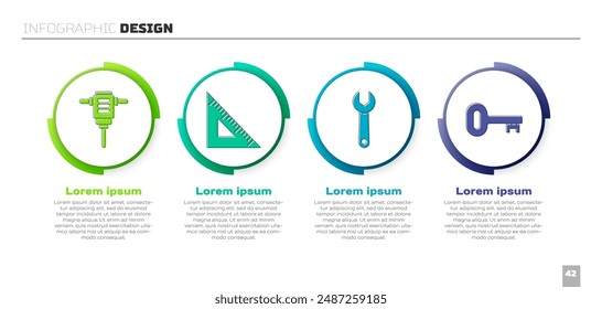 Set Taladro eléctrico de martillo giratorio, Regla triangular, llave inglesa y llave vieja. Plantilla de infografía de negocios. Vector