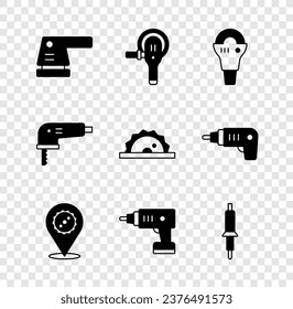 Set Electric sander, Angle grinder, Circular scie blade, Circular screwdriver, Soldering iron, jigsaw et icône circulaire. Image vectorielle
