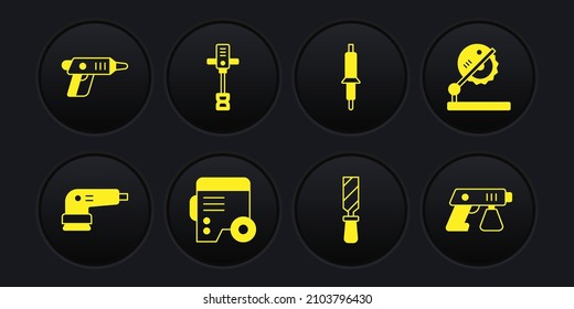 Set Electric sander, Table saw para carpintería, Power Electric Generator, Rasp metal file, Soldering iron, Electrical hand hormigón, Paint spray gun e icono del destornillador inalámbrico. Vector