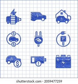 Stecken Sie Elektro-Sparstecker Blatt, Niedrige Batterie, Auto, Ladeparkplatz Elektroauto, Preis, Haus und Motor Icon. Vektorgrafik