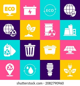 Set Electric saving plug in leaf, Solar energy panel, Factory, Label for eco healthy food, Plant, Planet earth and recycling,  and Radioactive waste barrel icon. Vector